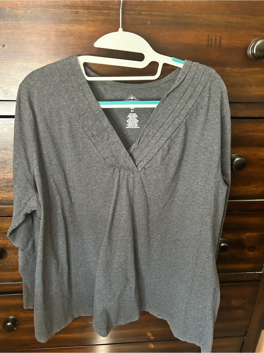 St. John's Bay Gray V-Neck Long Sleeve Top with Pleated Neckline